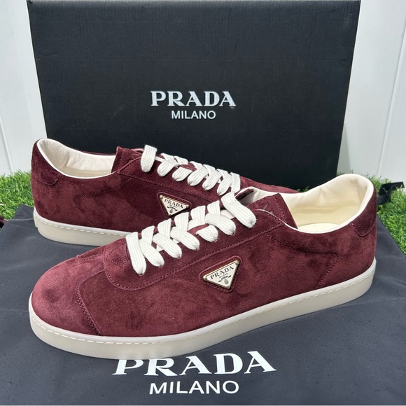 PRADA LANE BURGUNDY SUEDE SNEAKERS W/METAL TRIANGLE LOGO SZ UK 11 US MENS 11 1/4 - Picture 1 of 16